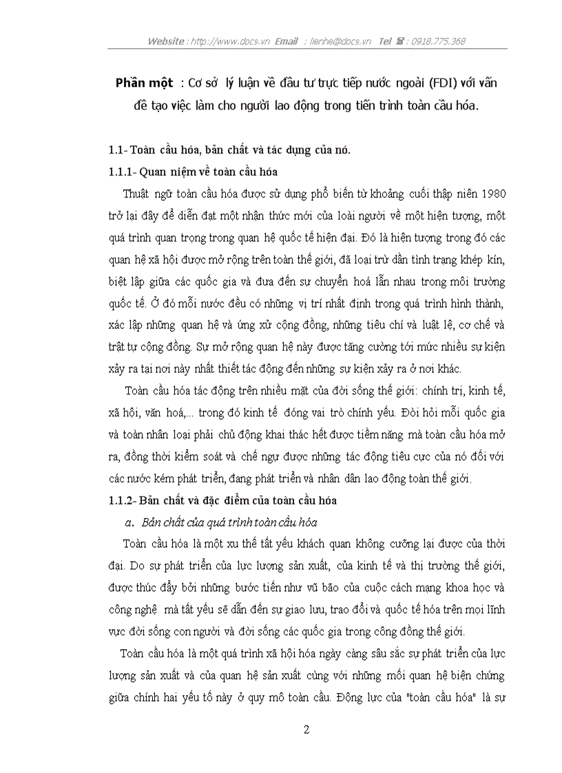 Đầu tư trực tiếp nước ngoài FDI với vấn đề tạo việc làm cho người lao động Việt Nam trong tiến trình toàn cầu hóa