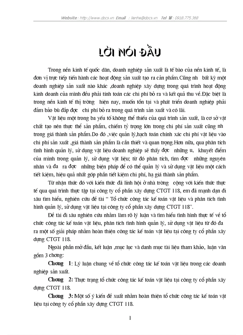 image for page Tổ chức công tác kế Tổ chức công tác kế toán vật liệu và phân tích tình hình quản lý sử dụng vật liệu tại công ty cổ phần xây dựng CTGT 118