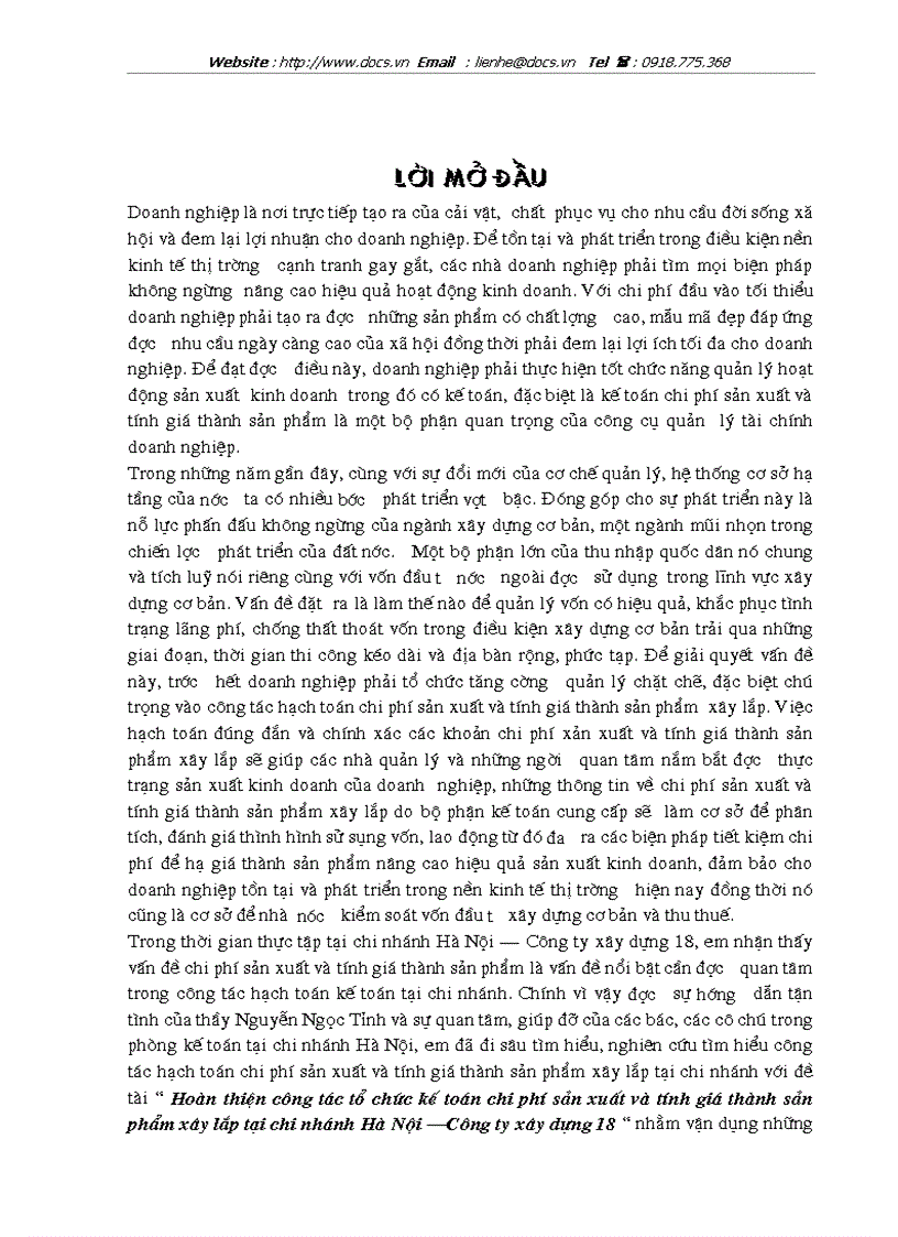 Hoàn thiện công tác tổ chức kế toán chi phí sản xuất và tính giá thành sản phẩm xây lắp tại chi nhánh Hà Nội Công ty xây dựng 18
