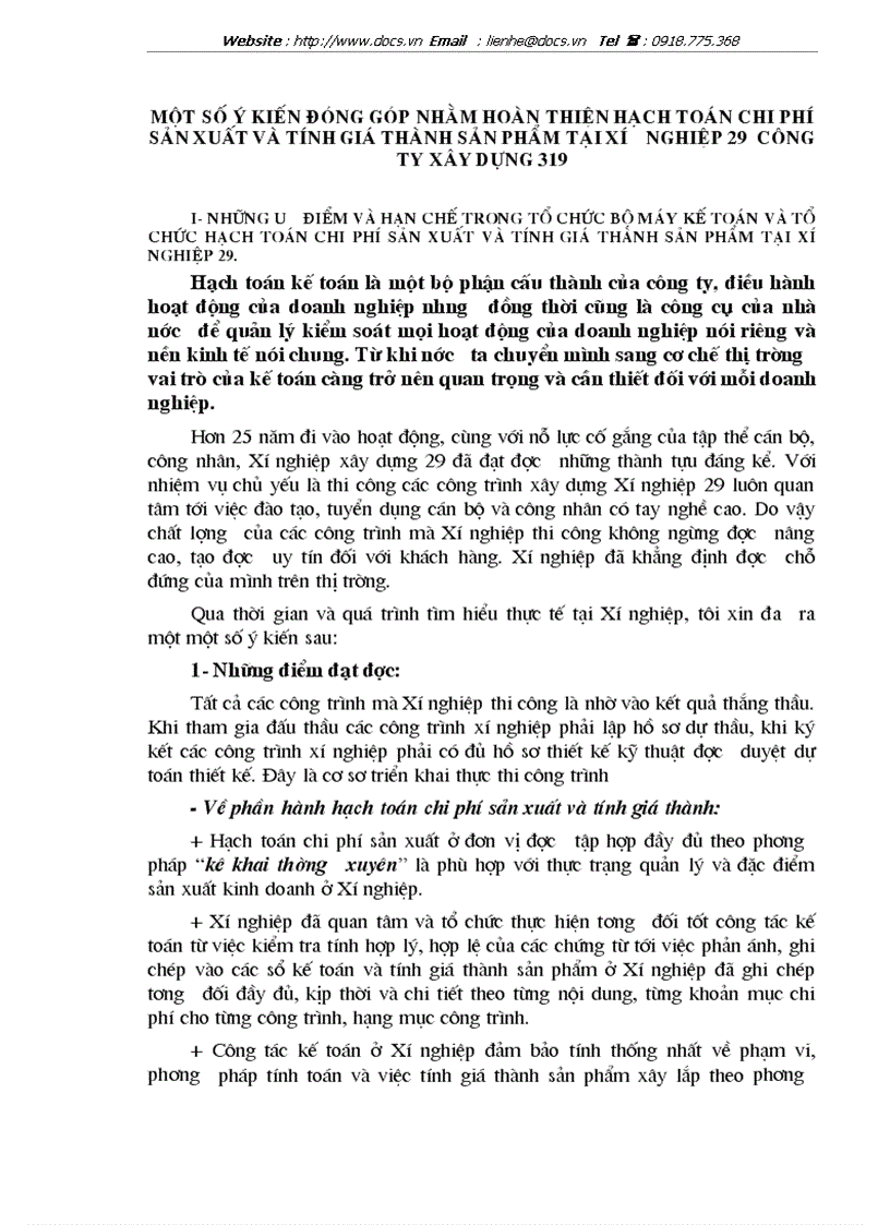 image for page Tổ chức hạch toán chi phí sản xuất và tính giá thành sản phẩm xây lắp tại Xí nghiệp 29 Công ty xây dựng 319 Bộ quốc phòng