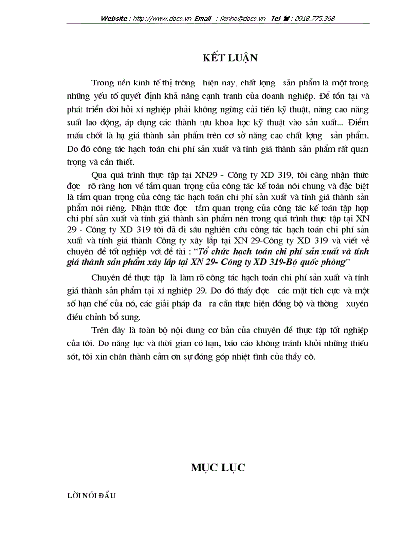 image for page Tổ chức hạch toán chi phí sản xuất và tính giá thành sản phẩm xây lắp tại Xí nghiệp 29 Công ty xây dựng 319 Bộ quốc phòng