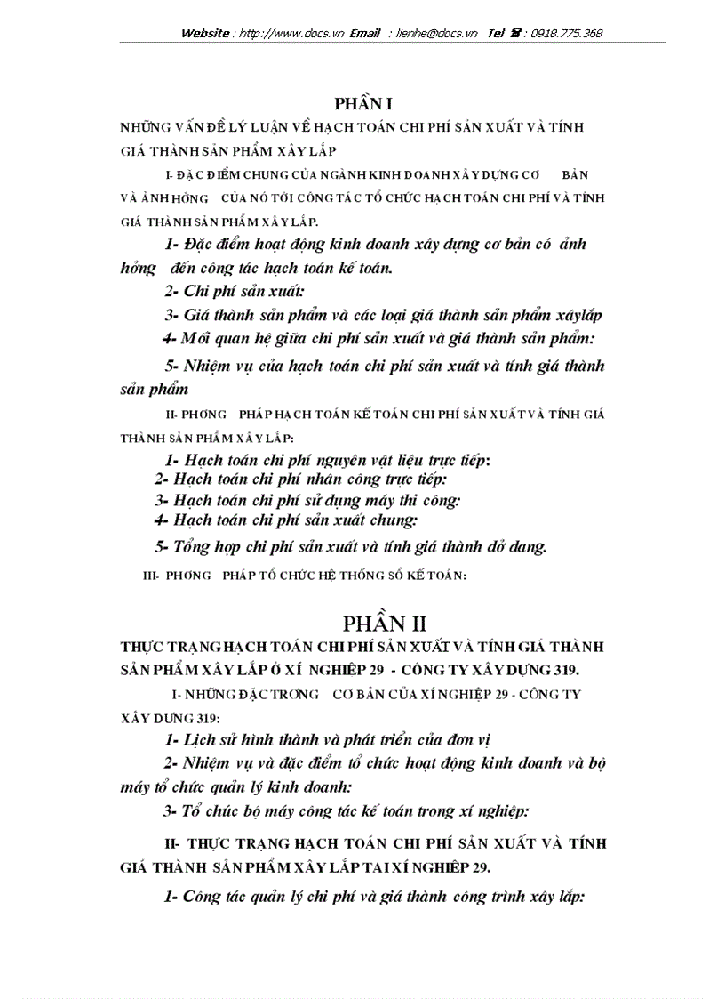 image for page Tổ chức hạch toán chi phí sản xuất và tính giá thành sản phẩm xây lắp tại Xí nghiệp 29 Công ty xây dựng 319 Bộ quốc phòng