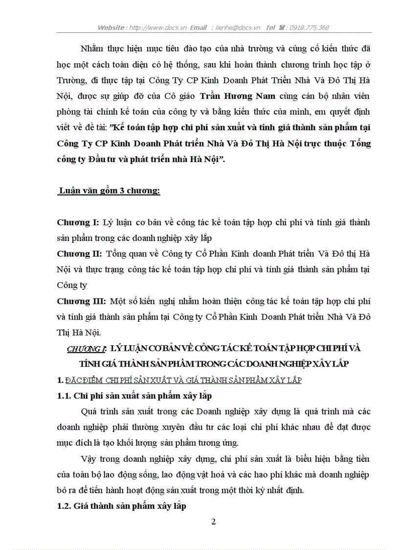Kế toán tập hợp chi phí sản xuất và tính giá thành sản phẩm tại Công Ty CP Kinh Doanh Phát triển Nhà Và Đô Thị Hà Nội trực thuộc Tổng công ty Đầu tư
