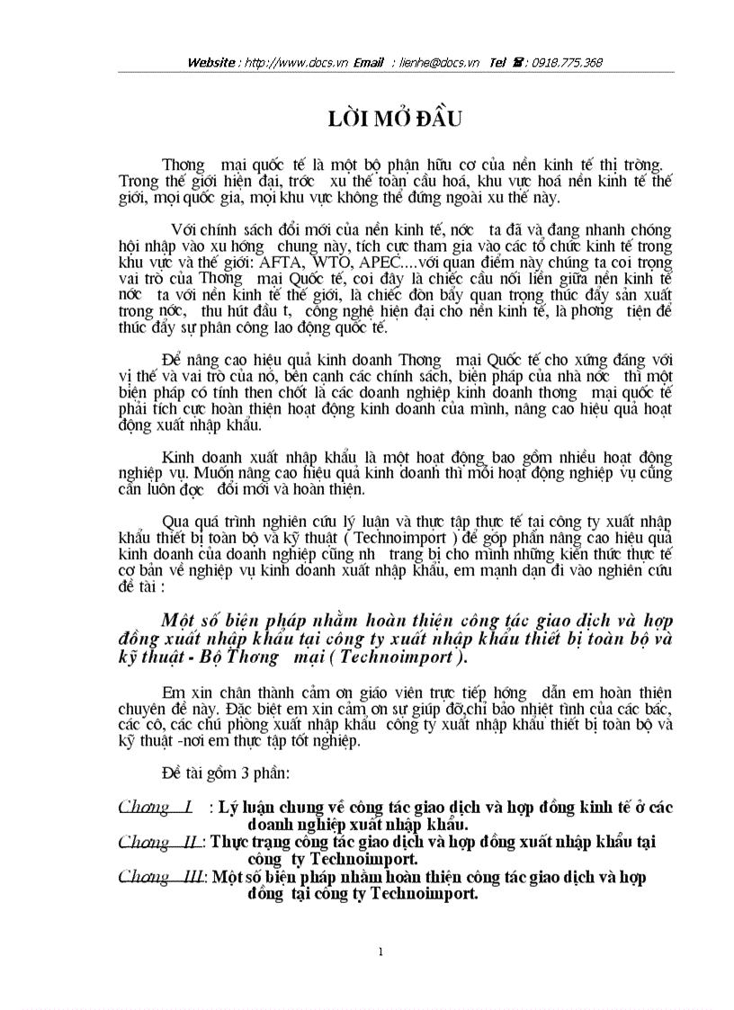 Một số biện pháp nhằm hoàn thiện công tác giao dịch và hợp đồng xuất nhập khẩu tại công ty xuất nhập khẩu thiết bị toàn bộ và kỹ thuật Bộ Thương mại