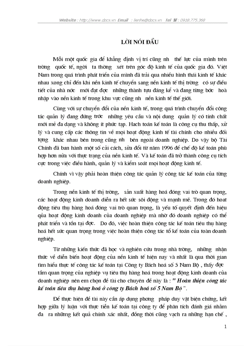 Hoàn thiện công tác kế toán tiêu thụ hàng hoá ở công ty Bách hoá số 5 Nam Bộ