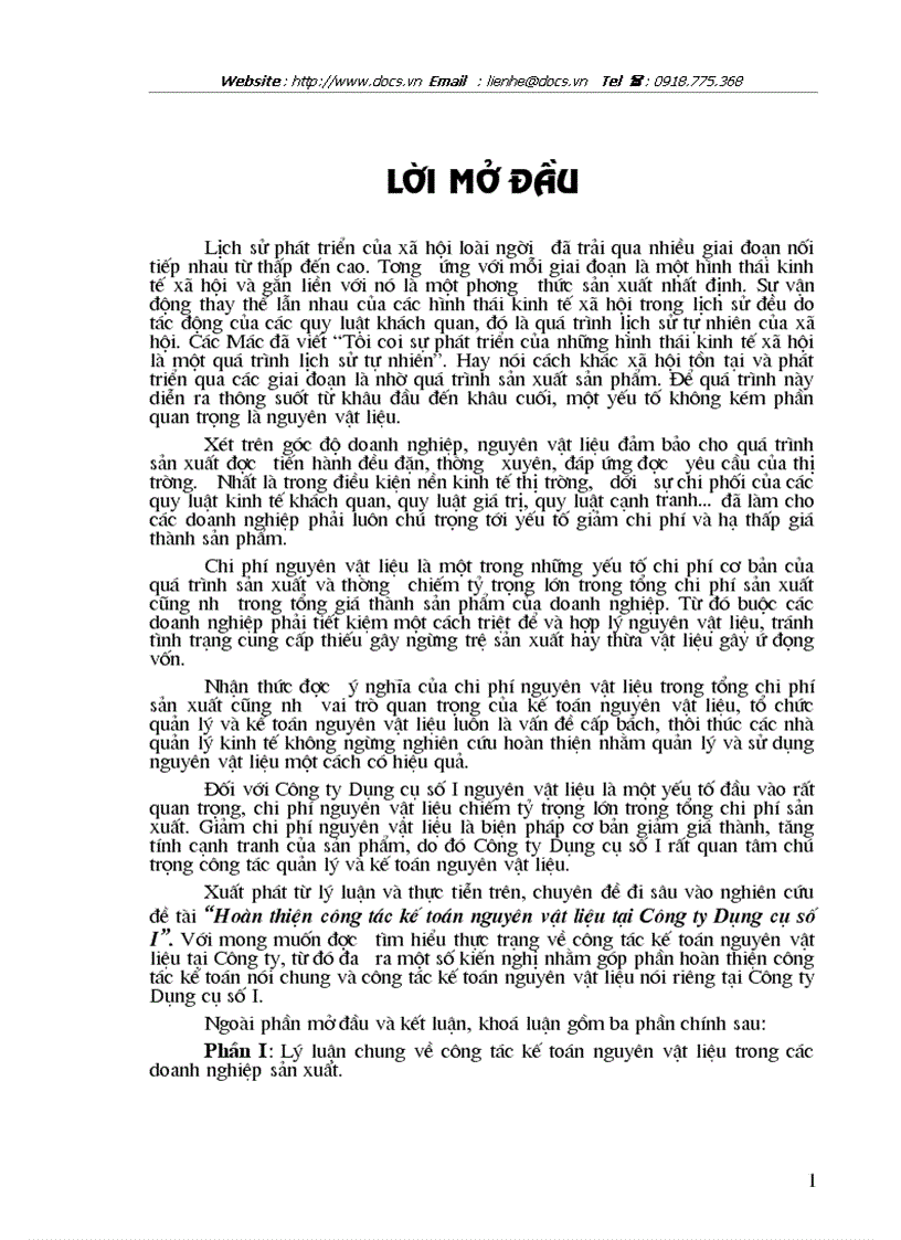 image for page Hoàn thiện công tác kế toán nguyên vật liệu tại Công ty Dụng cụ số I