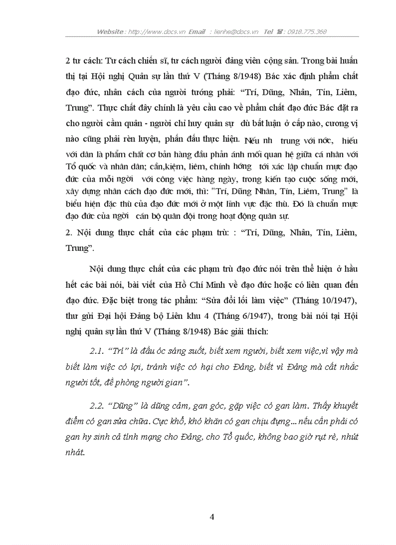 Tư tưởng hồ chí minh về xây dựng phẩm chất đạo đức trí dũng nhân tín liêm trung cho người cán bộ quân đội