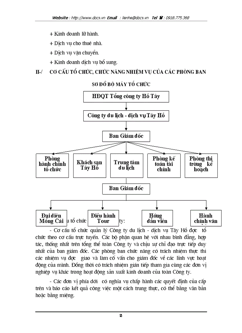 Cơ cấu tổ chức thực trạng kinh doanh của công ty du lịch dịch vụ Tây Hồ