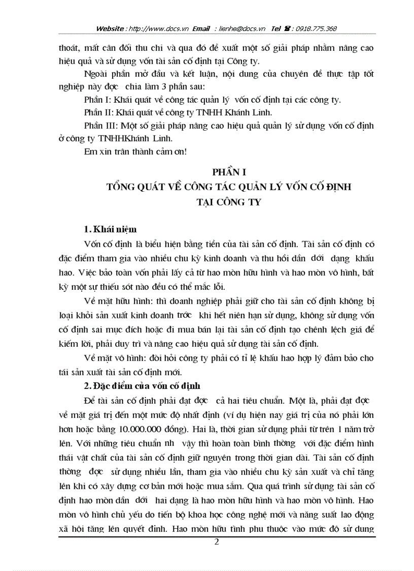 Giải pháp nâng cao hiệu quả quản lý và sử dụng vốn cố định tại Công ty TNHH TM Dịch Vụ Khánh Linh Hà Nội