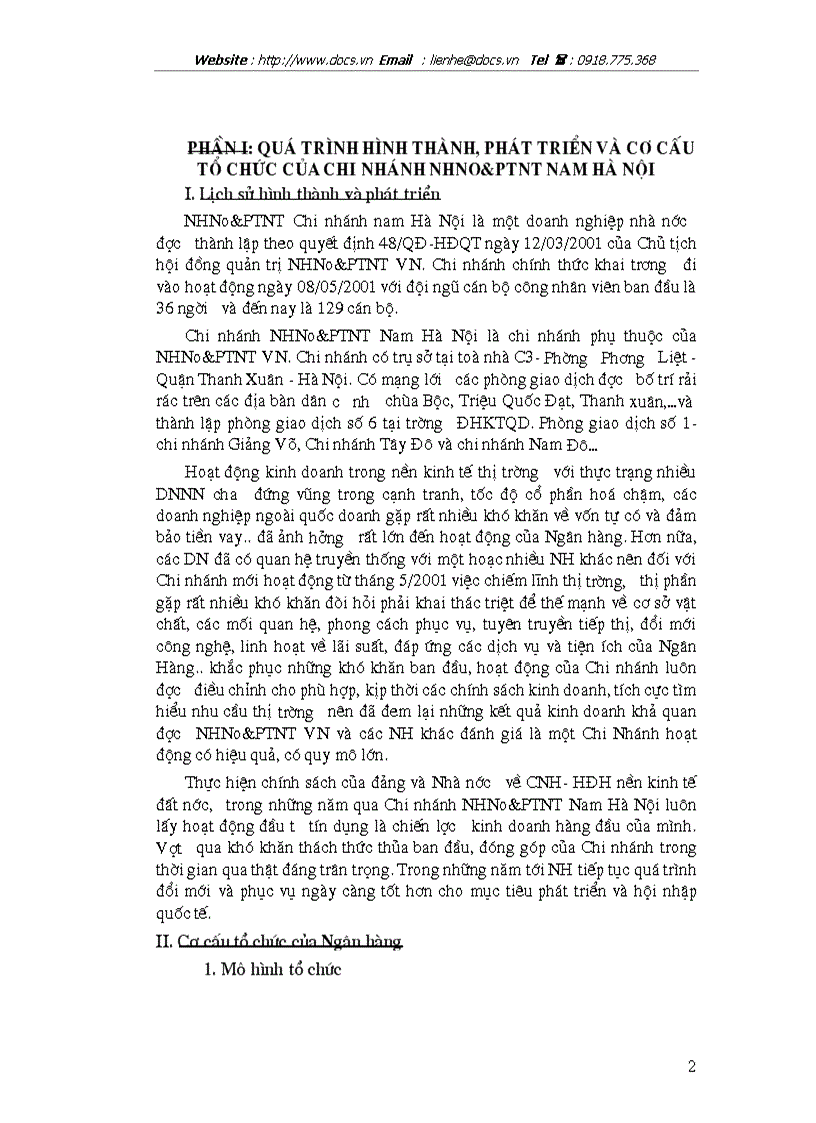 Quá trình hình thành phát triển cơ cấu tổ chức và hoạt động kinh doanh của Ngân hàng nông nghiệp và phát triển nông thôn chi nhánh nam Hà Nội