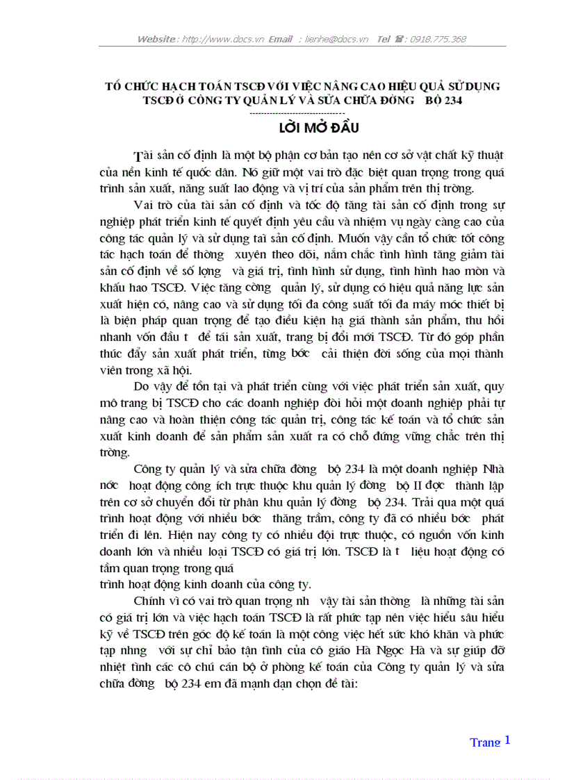 image for page Tổ chức hạch toán tscđ với việc nâng cao hiệu quả sử dụng tscđ ở công ty quản lý và sửa chữa đường bộ 234