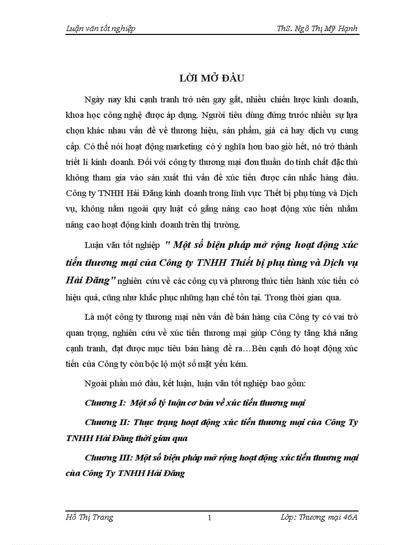 Một số biện pháp mở rộng hoạt động xúc tiến thương mại của Công ty TNHH Thiết bị phụ tùng và Dịch vụ Hải Đăng