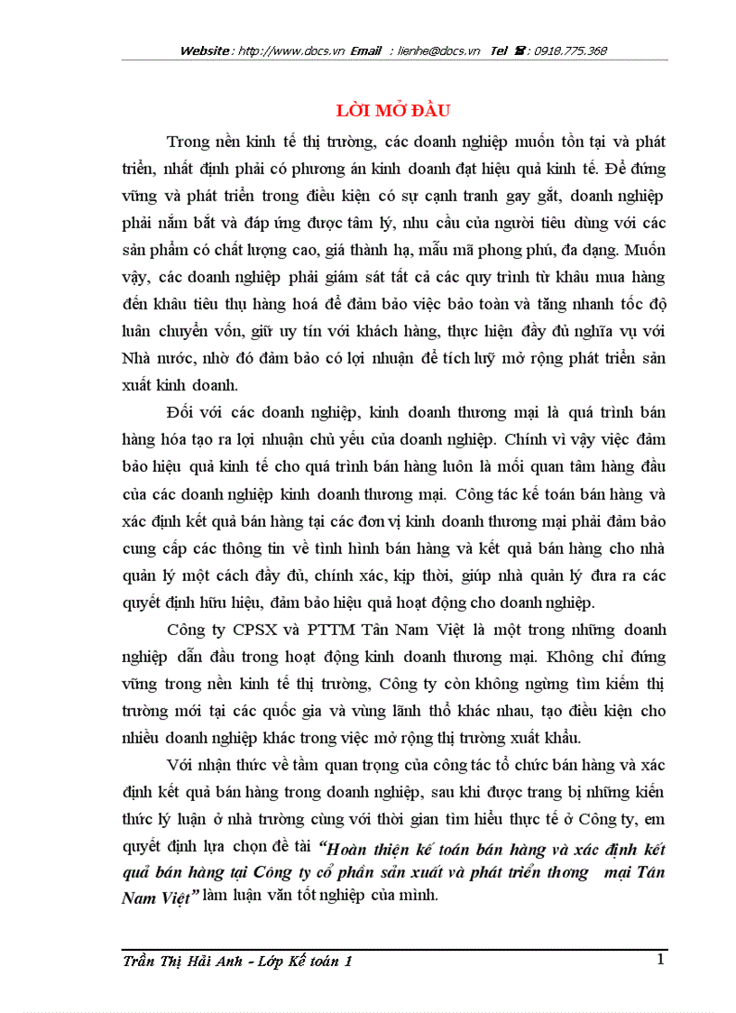 image for page Hoàn thiện kế toán bán hàng và xác định kết quả bán hàng tại Công ty cổ phần sản xuất và phát triển thương mại Tân Nam Việt