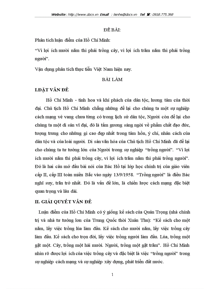 Phân tích luận điểm của Hồ Chí Minh Vì lợi ích mười năm thì phải trồng cây vì lợi ích trăm năm thì phải trồng người và thực tiễn ở nước ta