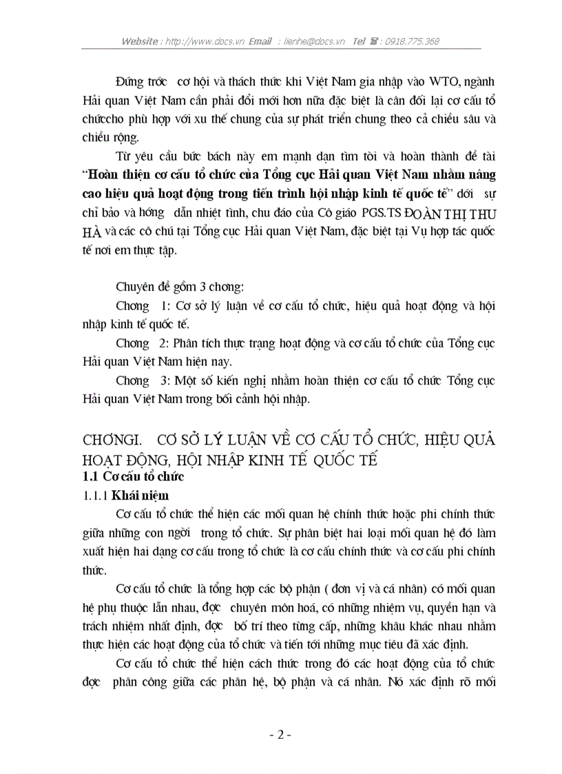 Hoàn thiện cơ cấu tổ chức của Tổng cục Hải quan Việt Nam nhằm nâng cao hiệu quả hoạt động trong tiến trình hội nhập kinh tế quốc tế