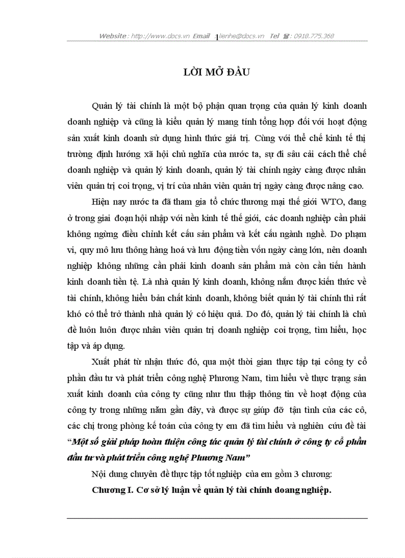 Một số giải pháp hoàn thiện công tác quản lý tài chính ở công ty cổ phần đầu tư và phát triển công nghệ Phương Nam