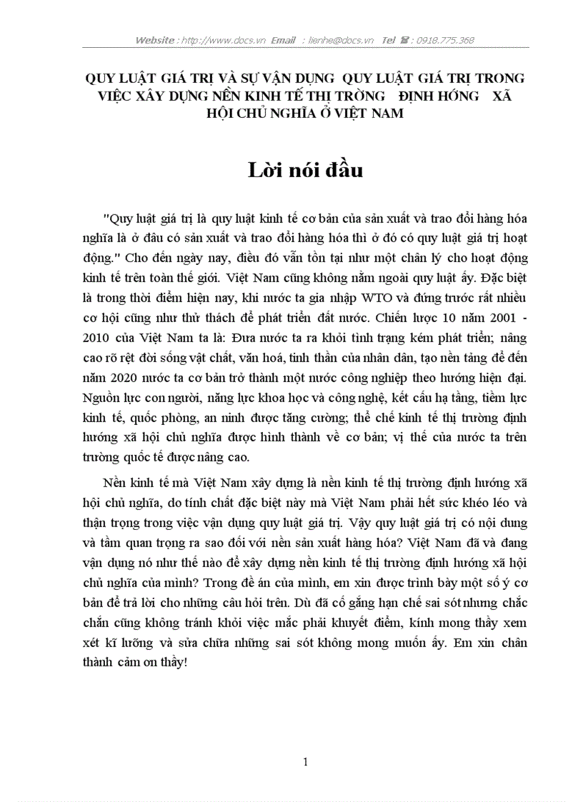 Quy luật giá trị và sự vận dụng quy luật giá trị trong việc xây dựng nền kinh tế thị trường định hướng xã hội chủ nghĩa ở việt nam