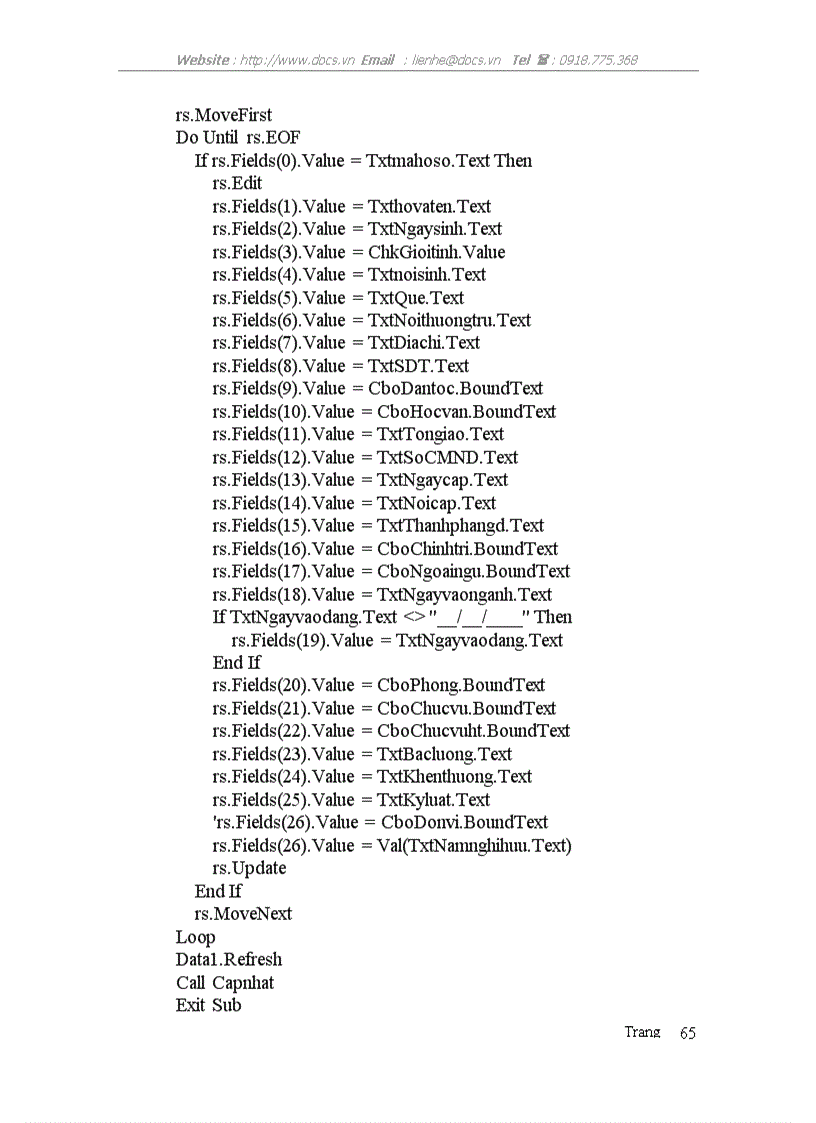 image for page Xây dựng chương trình quản lý nhân sự của chi cục Dự trữ Sóc Sơn dựa trên ngôn ngữ VISUAL BASIC