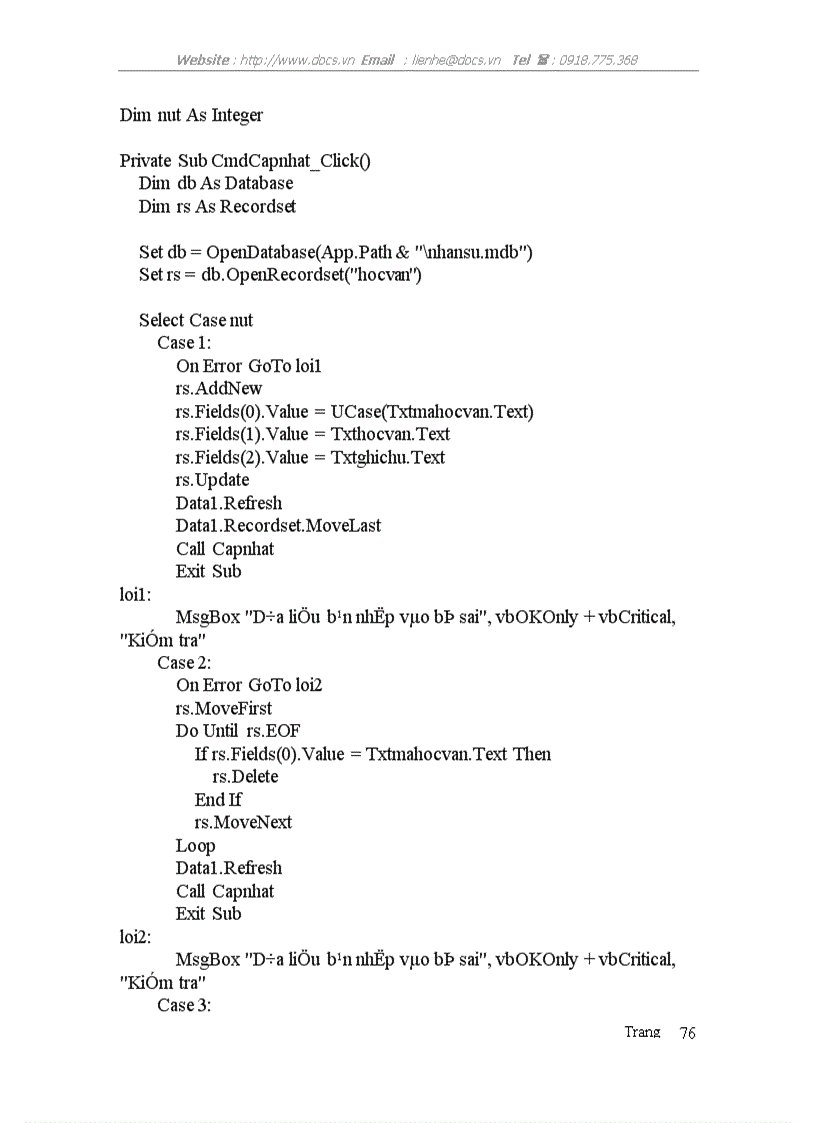image for page Xây dựng chương trình quản lý nhân sự của chi cục Dự trữ Sóc Sơn dựa trên ngôn ngữ VISUAL BASIC