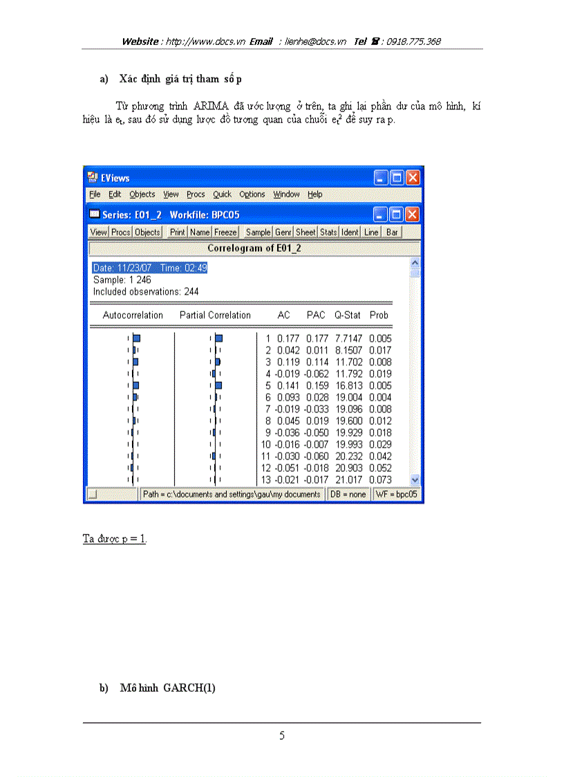 Sử dụng chuỗi lợi suất của giá cổ phiếu BPC Công ty cổ phần bao bì Bỉm Sơn trong thời gian từ ngày 04 01 2005 đến ngày 30 12 2005