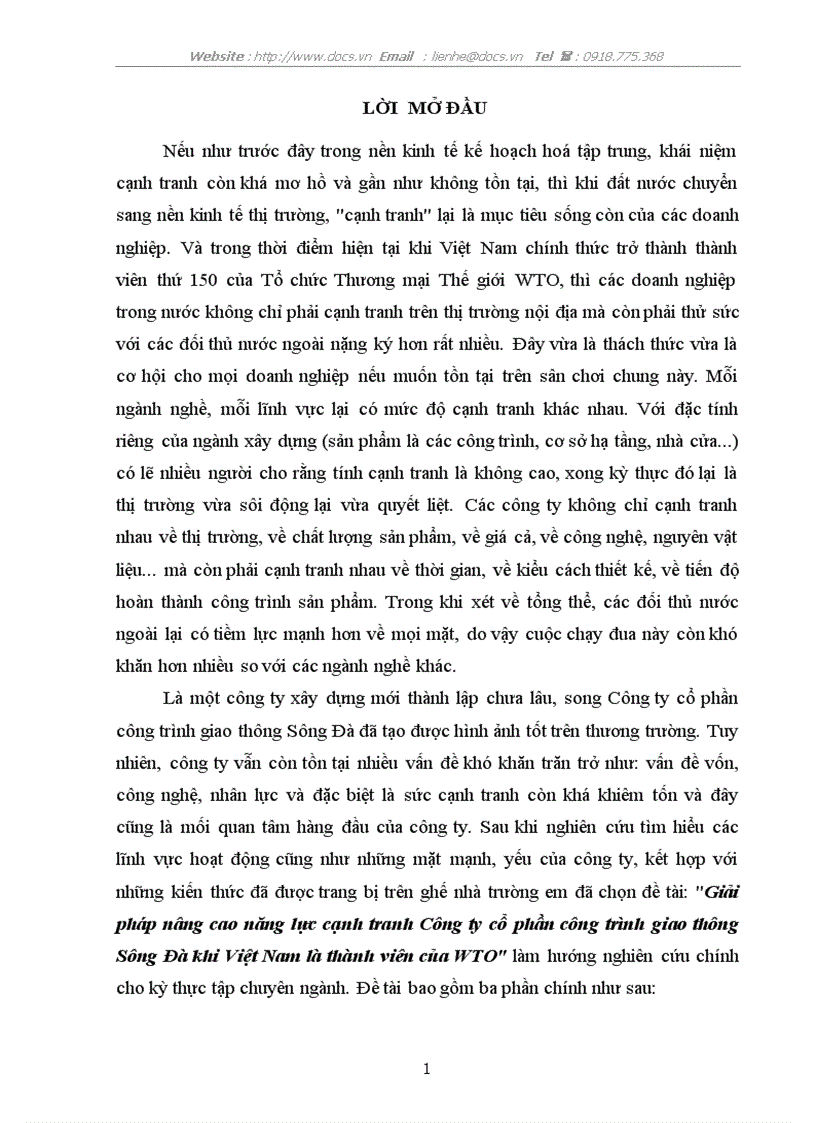 Giải pháp nâng cao năng lực cạnh tranh Công ty cổ phần công trình giao thông Sông Đà khi Việt Nam là thành viên của WTO
