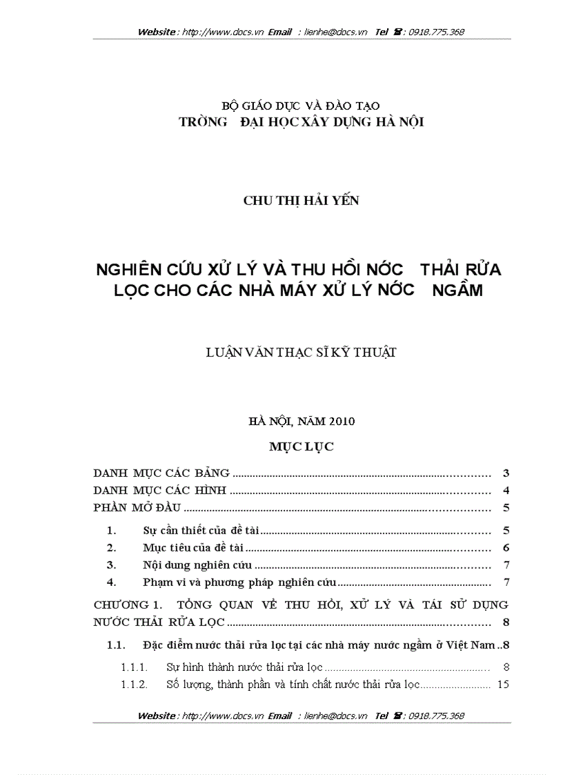 image for page Nghiên cứu xử lý và thu hồi nước thải rửa lọc cho các nhà máy xử lý nước ngầm