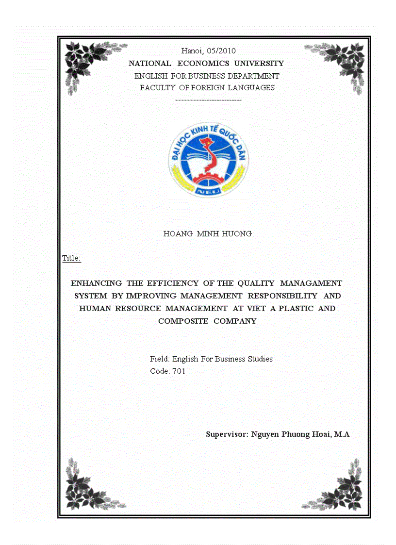 image for page Enhancing the efficiency of the quality managament system by improving management responsibility and human resource management at viet a plastic