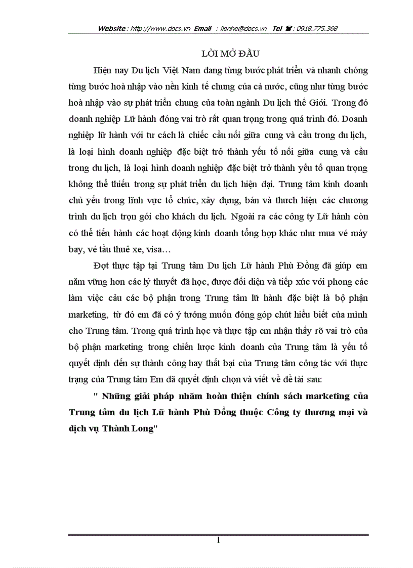 image for page Hoàn thiện chính sách marketing của Trung tâm du lịch Lữ hành Phù Đổng thuộc C ty thương mại dịch vụ Thành Long