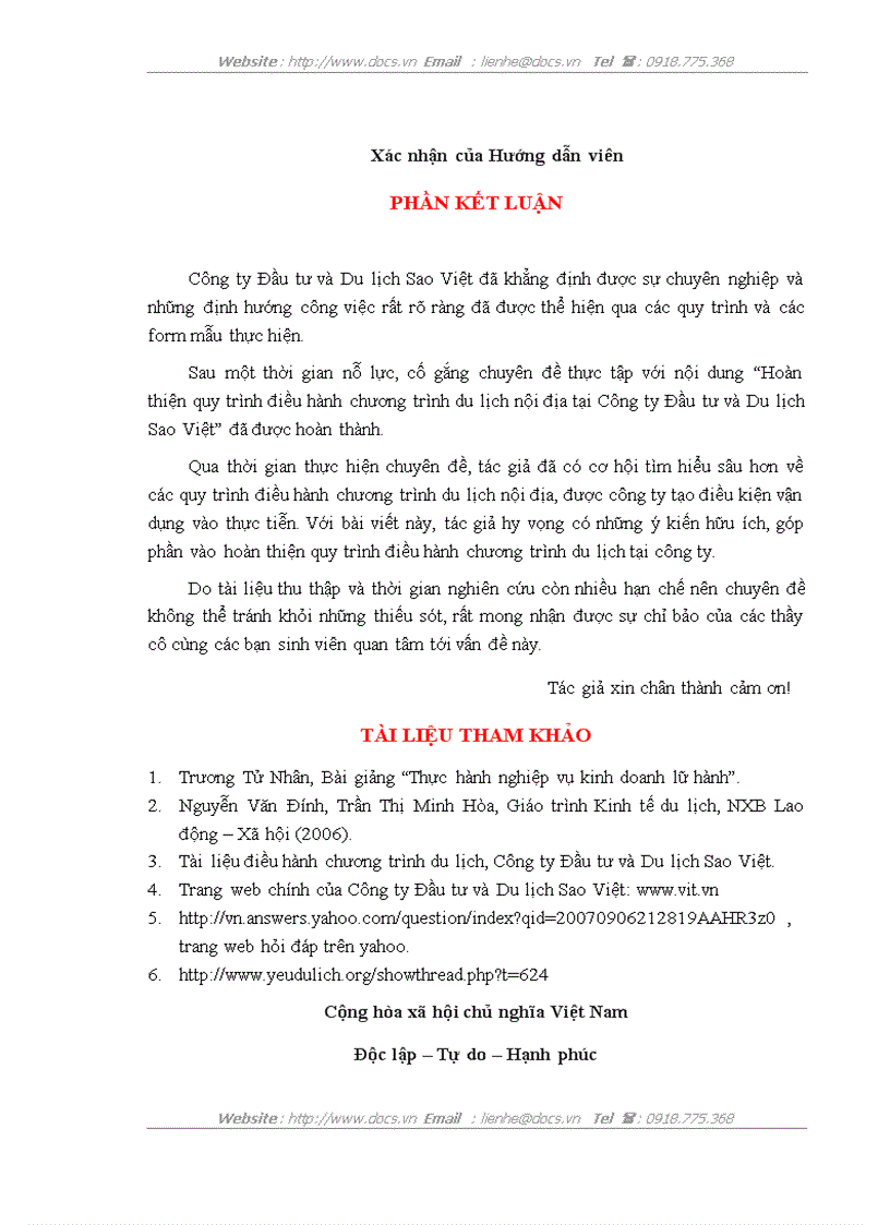 image for page Hoàn thiện quy trình điều hành chương trình du lịch nội địa tại công ty Đầu tư và Du lịch Sao Việt