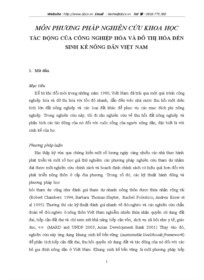 Môn phương pháp nghiên cứu khoa học Tác động của công nghiệp hóa và đô thị hóa đến sinh kế nông dân việt nam