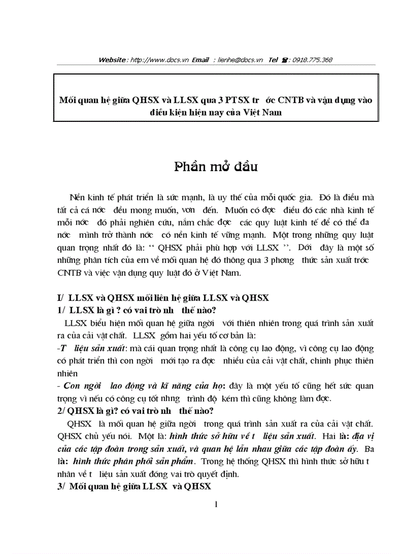 Mối quan hệ giữa QHSX LLSX qua 3 phương thức sản xuất trước CNTB vận dụng vào điều kiện hiện nay