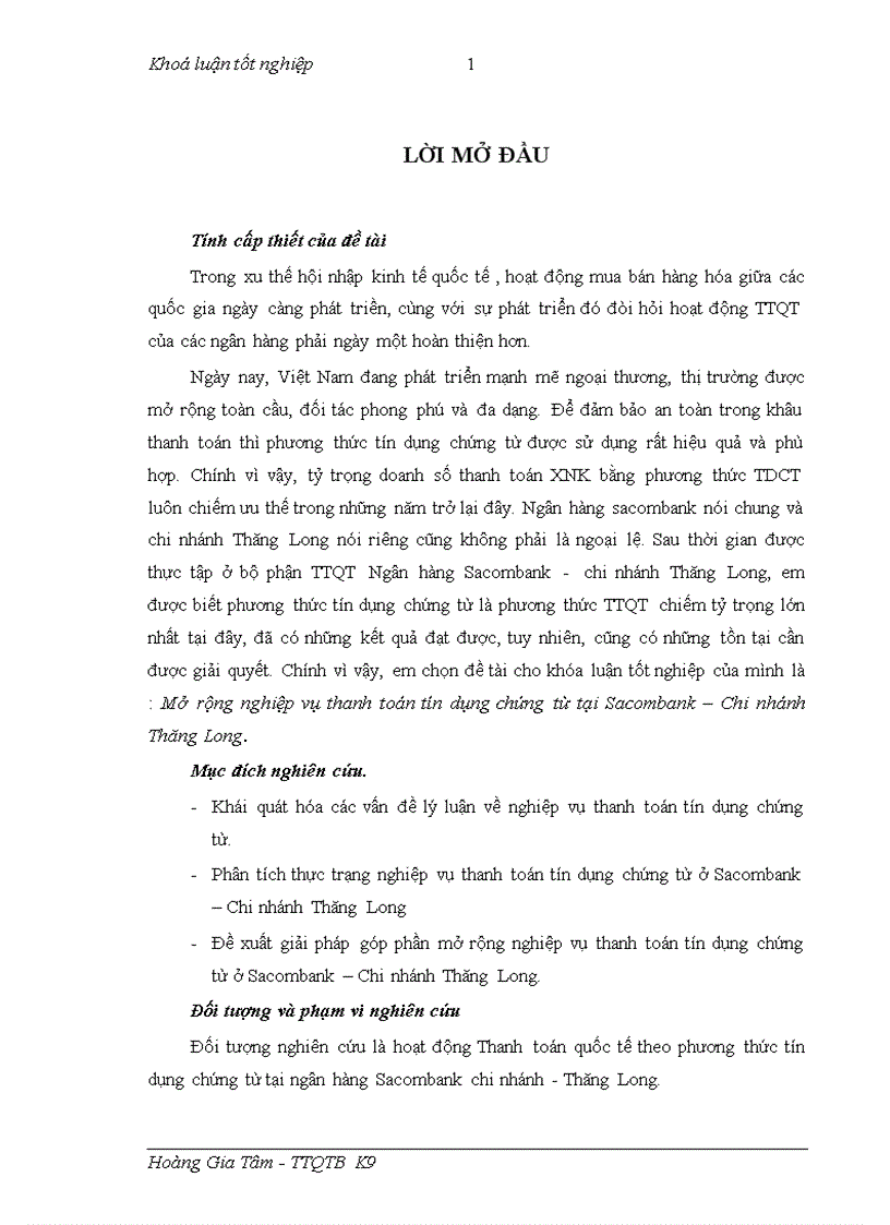 Mở rộng nghiệp vụ thanh toán tín dụng chứng từ tại Sacombank Chi nhánh Thăng Long