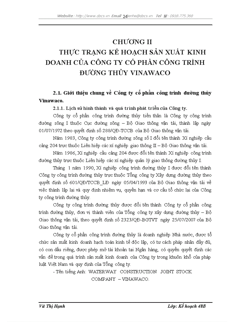 image for page Hoàn thiện công tác kế hoạch hóa sản xuất kinh doanh tại Công ty cổ phần công trình đường thủy Vinawaco