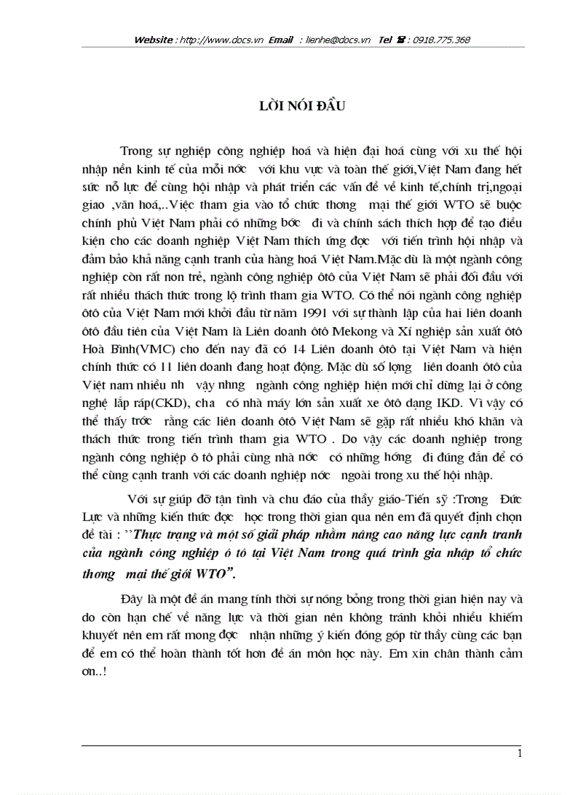 Thực trạng 1 số giải pháp nhằm cao năng lực cạnh tranh của ngành công nghiệp ô tô tại VN trong quá trình gia nhập WTO