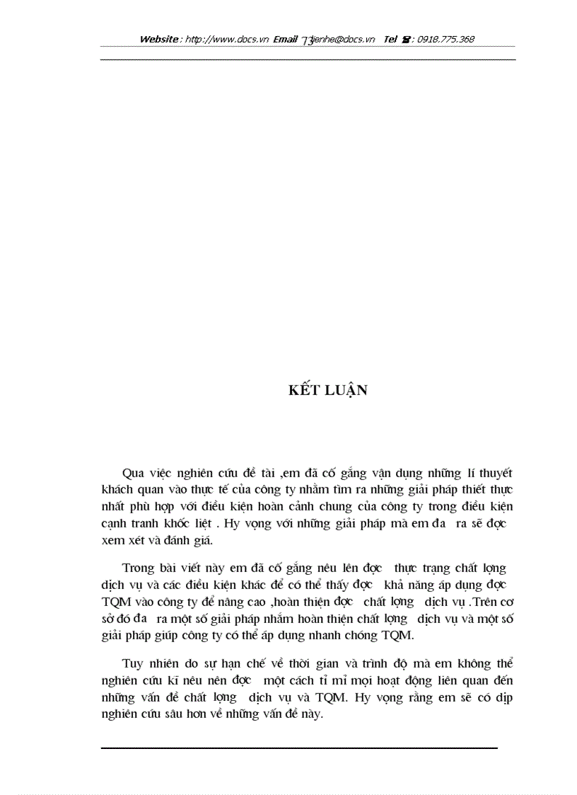 image for page Một số kiến nghị hoàn nhằm thiện chất lượng dịch vụ và tiến tới áp dụng hệ thốngTQM tại công ty khách sạn du lịch Kim Liên