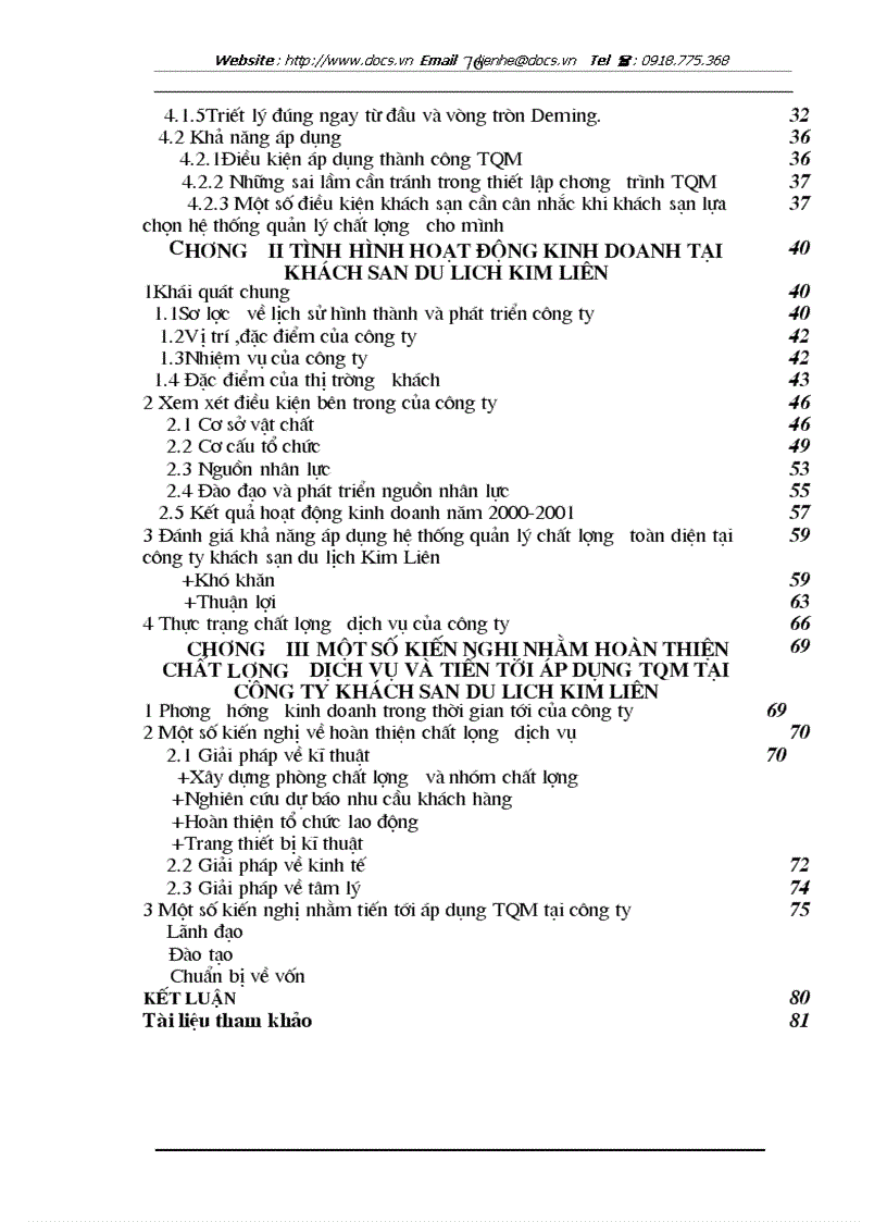 image for page Một số kiến nghị hoàn nhằm thiện chất lượng dịch vụ và tiến tới áp dụng hệ thốngTQM tại công ty khách sạn du lịch Kim Liên