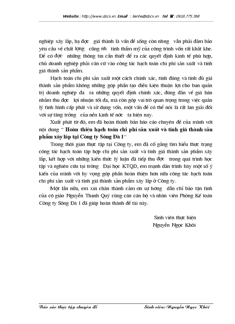 image for page Hoàn thiện chi phí sản xuất và tính giá thành sản phẩm xây lắp tại Công ty Sông Đà 1