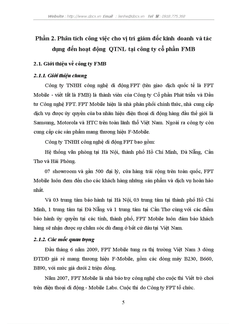 image for page Phân tích công việc cho vị trí giám đốc kinh doanh và tác dụng đến hoạt động QTNL tại công ty cổ phần FMB