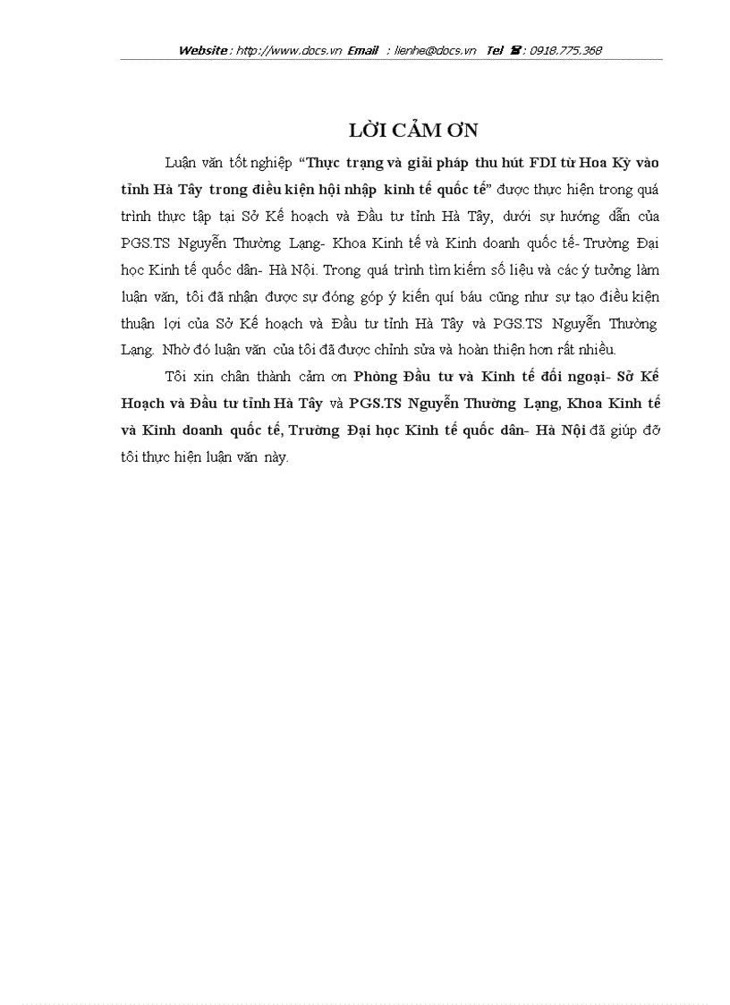 Thực trạng và giải pháp thu hút FDI từ Hoa Kỳ vào tỉnh Hà Tây trong điều kiện hội nhập kinh tế quốc tế