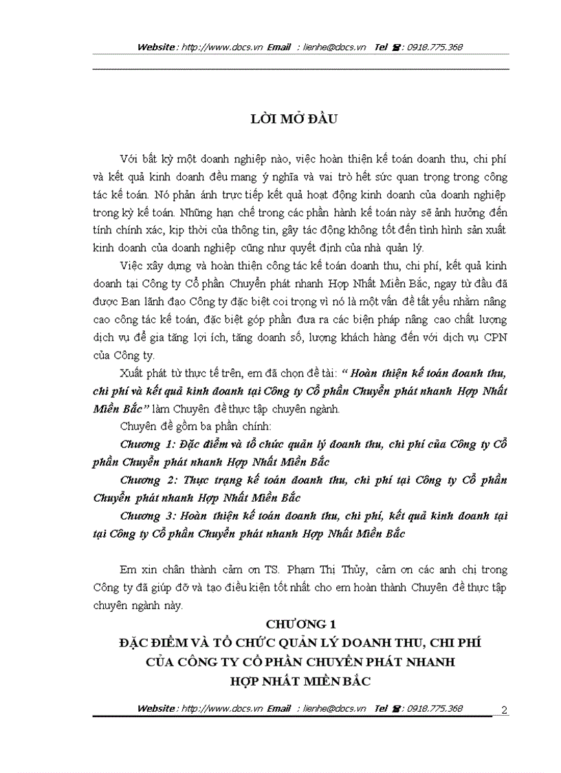 Hoàn thiện kế toán doanh thu chi phí và kết quả kinh doanh tại Công ty CP Chuyển phát nhanh Hợp Nhất Miền Bắc