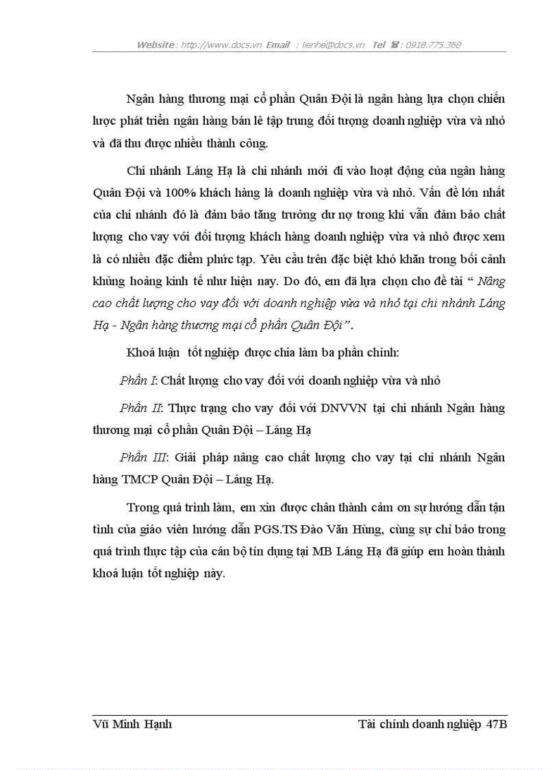 image for page Nâng cao chất lượng cho vay đối với doanh nghiệp vừa và nhỏ tại chi nhánh Láng Hạ Ngân hàng thương mại cổ phần Quân Đội