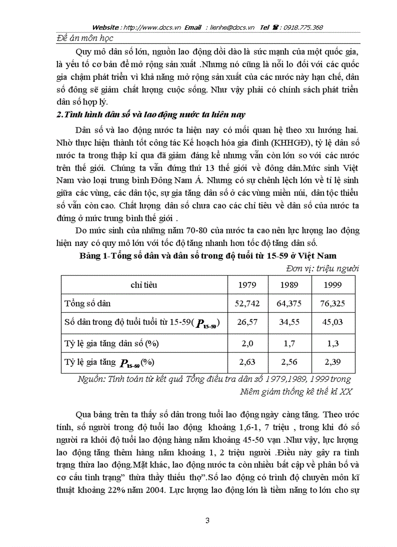 Dự báo dân số và xác định dân số trong độ tuổi lao động Việt Nam đến năm 2010
