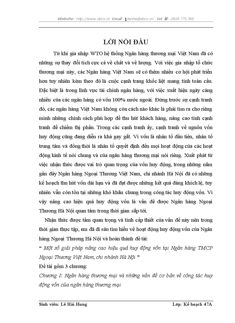 Một số giải pháp nâng cao hiệu quả huy động vốn tại Ngân hàng TMCP Ngoại Thương Việt Nam chi nhánh Hà Nội