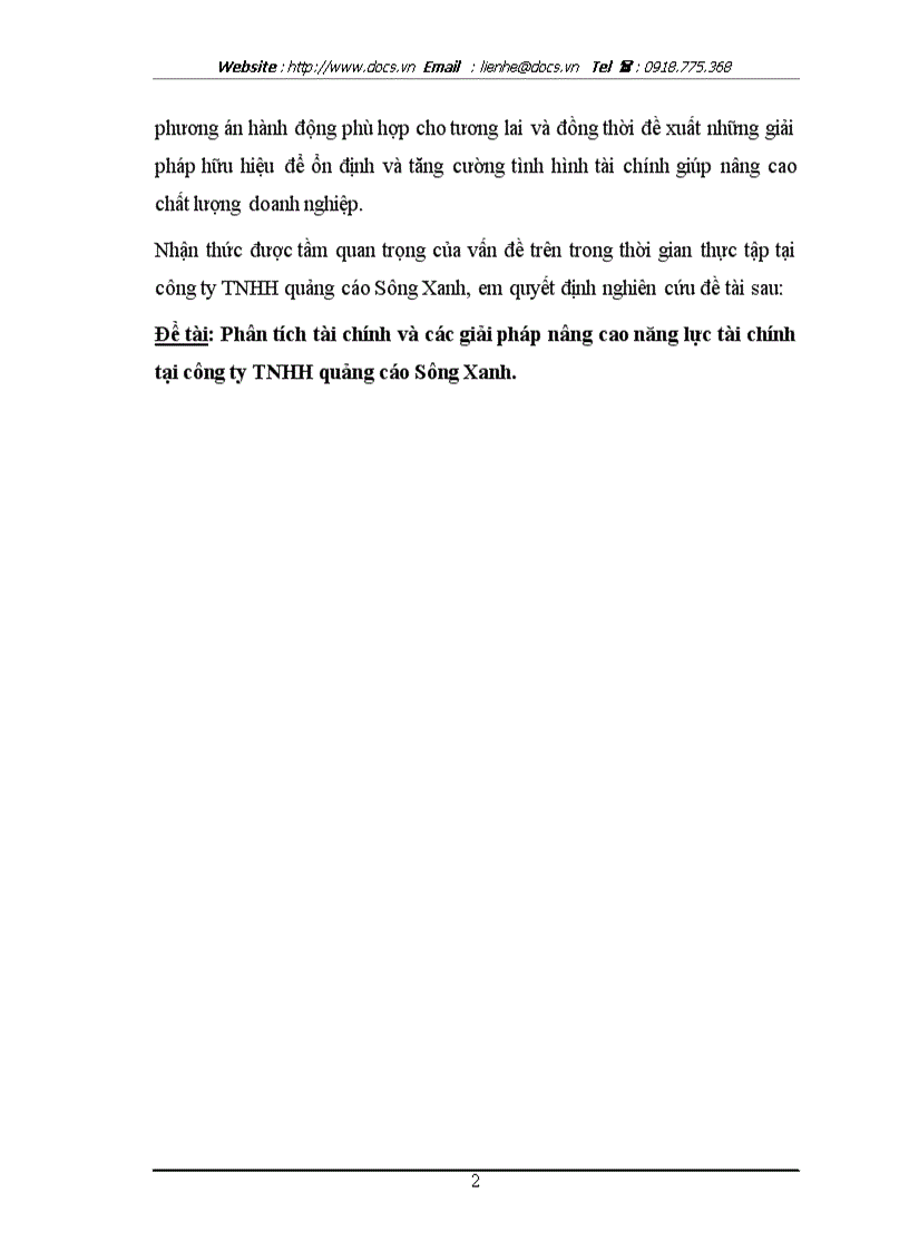 Phân tích tài chính và các giải pháp nâng cao năng lực tài chính tại công ty TNHH quảng cáo Sông Xanh