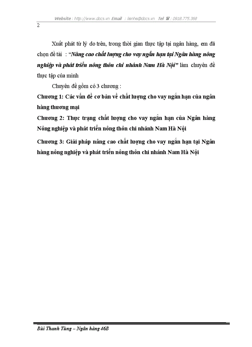 Nâng cao chất lượng cho vay ngắn hạn tại Ngân hàng nông nghiệp và phát triển nông thôn chi nhánh Nam Hà Nội