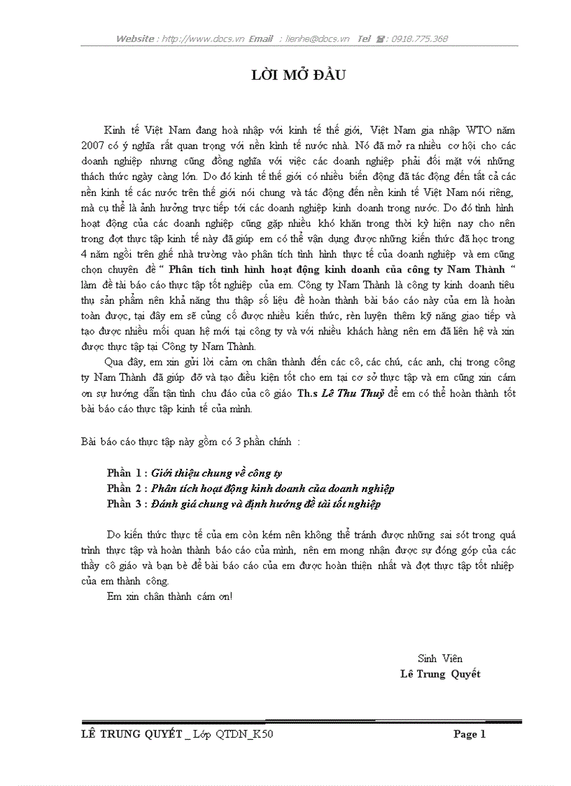 Phân tích tình hình hoạt động kinh doanh của công ty Nam Thành