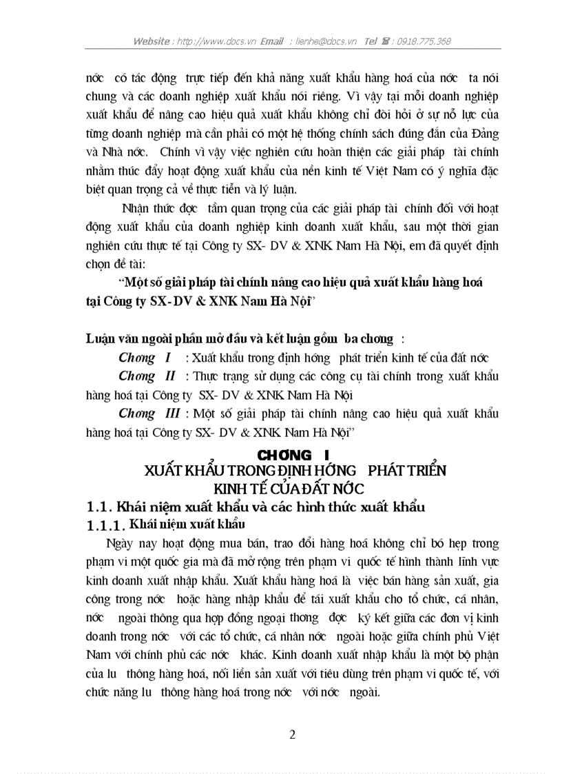 Một số giải pháp tài chính nâng cao hiệu quả xuất khẩu hàng hoá tại Công ty SX DV XNK Nam Hà Nội