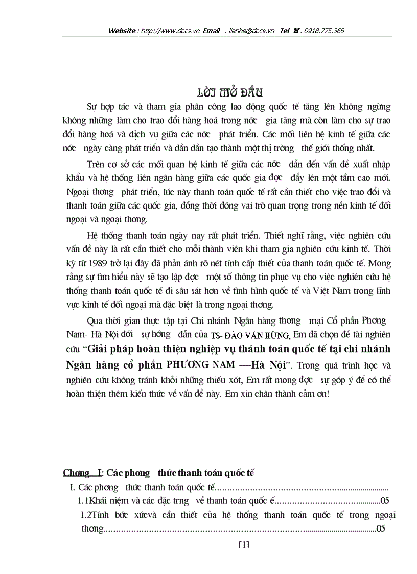 Giải pháp hoàn thiện nghiệp vụ thanh toán quốc tế tại chi nhánh ngânhàng NHTMCP Phương Nam PNB Hà Nội