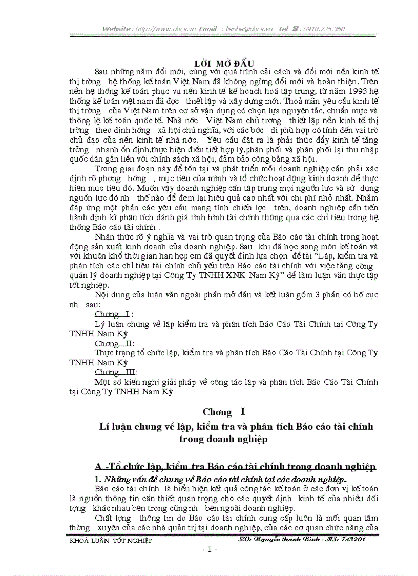image for page Lập kiểm tra và phân tích các chỉ tiêu tài chính chủ yếu trên Báo cáo tài chính với việc tăng cường quản lý doanh nghiệp tại Công Ty TNHH XNK Nam Kỳ