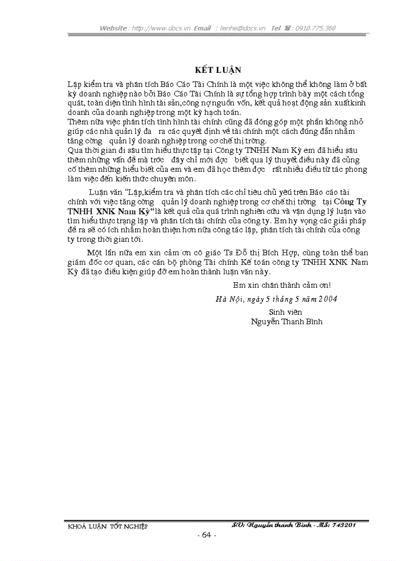 image for page Lập kiểm tra và phân tích các chỉ tiêu tài chính chủ yếu trên Báo cáo tài chính với việc tăng cường quản lý doanh nghiệp tại Công Ty TNHH XNK Nam Kỳ